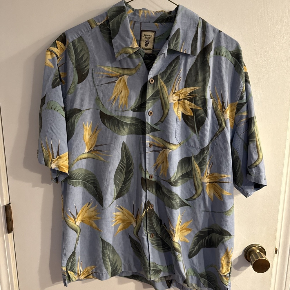 100% Silk Jamaica Jaxx Shirt Mens Lg Short Sleeve Button Tropical Spr Brk Beach
